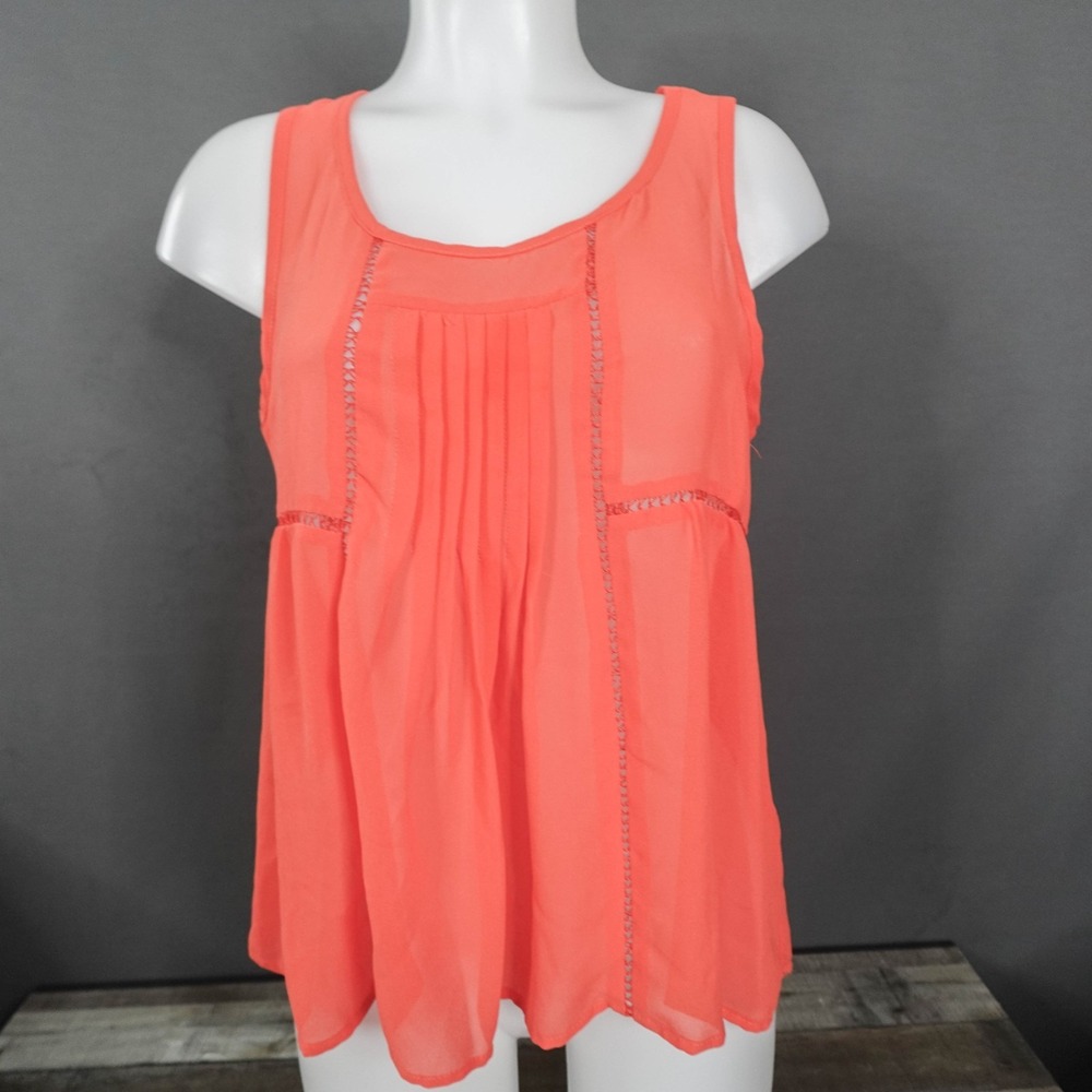 Womens Top Small Orange Sheer Tank Pleated Lightweight Flowy Casual Coquette